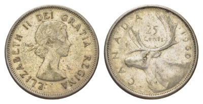 Канада 25 центов 1960 Елизавета II (1952-2022), олень KM 52 серебро 4622-835