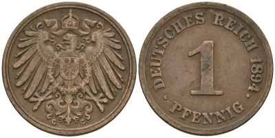 Германия 1 пфенниг 1894 G, Вильгельм II (1888-1918) KM 10, J. 10 медь 4608-222