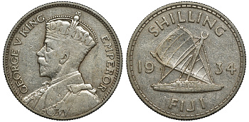 Фиджи 1 шиллинг 1934 Георг V (1910-1936), парусник KM 4 серебро 91-956