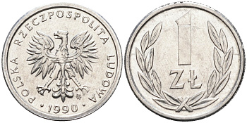 Польша 1 злотый 1990 MW, Народная Республика KM 49.3, Parchimowicz 215b алюминий UNC 4580-722