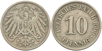 Германия 10 пфеннигов 1900 A KM 12, J. 13 медно-никель 175-157