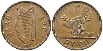 ИРЛАНДИЯ 1 ПЕННИ 1963 КУРИЦА С ЦЫПЛЯТАМИ KM 11 бронза 4110-332