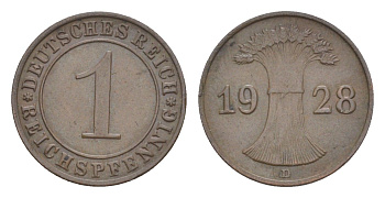 Германия 1 рейхспфенниг 1928 D KM 37, J. 313 бронза 4644-1039