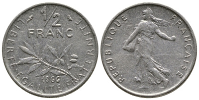 ФРАНЦИЯ 1/2 ФРАНКА 1966 СЕЯТЕЛЬ KM 931.1, LE FRANC 198.5 никель 26-965