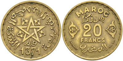 Марокко 20 франков 1950 год 1371, Мухаммед V (1346-1381) (1927-1962) KM 50 алюминиевая бронза 108-1154