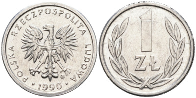 Польша 1 злотый 1990 MW, Народная Республика KM 49.3, Parchimowicz 215b алюминий UNC 4580-722
