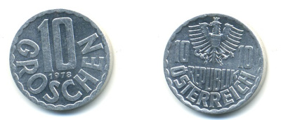 АВСТРИЯ 10 ГРОШЕЙ 1978 KM 2878 алюминий UNC 80-823