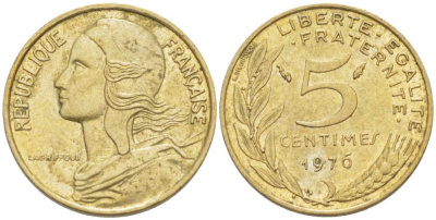 ФРАНЦИЯ 5 САНТИМОВ 1976 ТИП MARIANE KM 933, LE FRANC 125.12 алюминиевая бронза 4516-818
