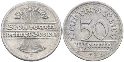 ГЕРМАНИЯ 50 ПФЕННИГОВ 1921 G KM 27, J. 301, Weege 10 алюминий 261-734