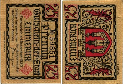 Германия, Эммерих 25 пфеннигов 1920 нотгельд, желтая, 1.12.1920 Tie.1710/20 бумага 6318-26-2-2