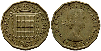 Великобритания 3 пенса 1967 Елизавета II (1952-2022) KM 900, Spink 4153 никель латунь 35-1417