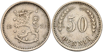 Финляндия 50 пенни 1921 Н KM 26 медно-никель 192-613