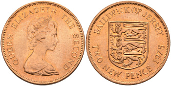 Джерси 2 пенса 1975 герб, Елизавета II (1952-2022) KM 31 бронза UNC 4367-435