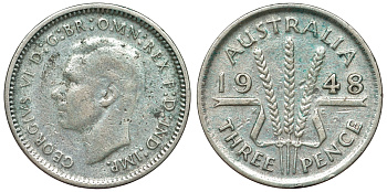 Австралия 3 пенса 1948 m, Георг VI (1937-1952), без букв KM 37a серебро 71-214