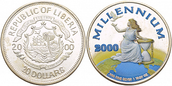 Либерия 20 долларов 2000 миллениум, цветная эмаль серебро UNC 11-085-22