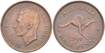 Австралия 1/2 пенни 1949 p, Георг VI (1936-1952), кенгуру KM 42 бронза 77-646