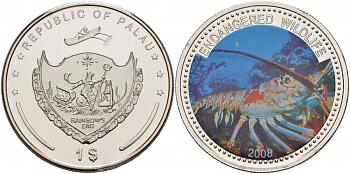 Палау 1 доллар 2008 серия вымирающие виды, лобстер, цветная эмаль KM 167 медно-никель PROOF 1088-7-14 M10-10-11