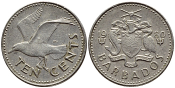 Барбадос 10 центов 1980 смеющаяся (Ацтекская) чайка KM 12 медно-никель 4396-1225