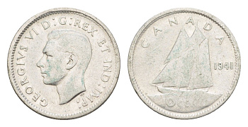 Канада 10 центов 1941 Георг VI (1936-1952), парусник KM 34 серебро 4639-542