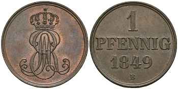 Ганновер 1 пфенниг 1849 B, Эрнст Август (1837-1851) KM 201.1, AKS 129, J. 74 медь 4608-1045