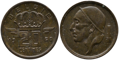 Бельгия 20 сантимов 1960 Belgie, Бодуэн I (1951-1993) KM 147.1 бронза 99-346
