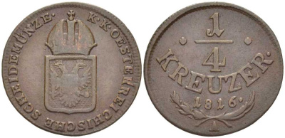 АВСТРИЯ 1/4 КРЕЙЦЕРА 1816 A, ФРАНЦ II (1792-1835) KM 2107 медь 201-863