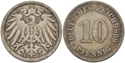 Германия 10 пфеннигов 1899 E KM 12, J. 13 медно-никель 4575-553