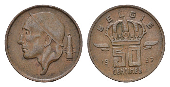 Бельгия 50 сантимов 1957 Belgie KM 149 бронза 4684-762