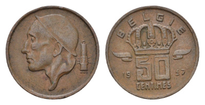 Бельгия 50 сантимов 1957 Belgie KM 149 бронза 4684-762