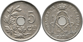БЕЛЬГИЯ 5 САНТИМОВ 1923 BELGIQUE KM 66 медно-никель 75-531