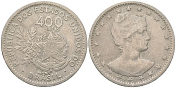 Бразилия 400 реалов 1901 MCMI, голова свободы вправо KM 505 медно-никель 4612-423