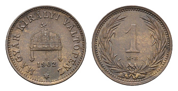 Венгрия 1 филлер 1902 KB, Франц Иосиф I (1848-1916) KM 480 бронза 4665-352