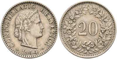 Швейцария 20 раппенов 1944 B KM 29a медно-никель 4606-746