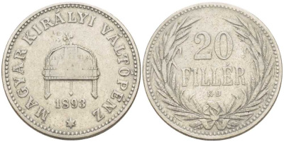 Венгрия 20 филлеров 1893 KB, Франц Иосиф I (1848-1916) KM 483 никель 117-811