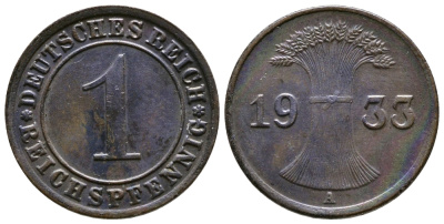 ГЕРМАНИЯ 1 РЕЙХСПФЕННИГ 1933 A KM 37, J. 313 бронза 4380-1239