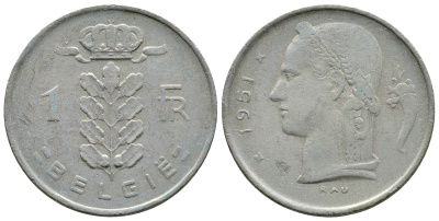 БЕЛЬГИЯ 1 ФРАНК 1951 BELGIE KM 143.1 медно-никель 89-434