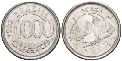 Бразилия 1000 крузейро 1993 реформа 1990-1993, рыбка Акара KM 626 нержавеющая сталь 26-633