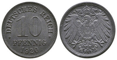 ГЕРМАНИЯ 10 ПФЕННИГОВ 1920 KM 26, J. 299 цинк 4380-223