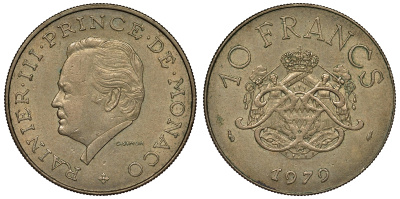 Монако 10 франков 1979 Ренье III (1949-2005) KM 154 медь никель алюминий 4681-426