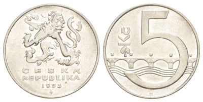 Чехия 5 крон 1993 чешский лев, Карлов мост KM 8 сталь плакированная никелем 4629-631