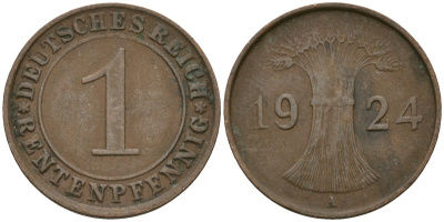 Германия 1 рентенпфенниг 1924 A KM 30, J. 306 бронза 4608-268