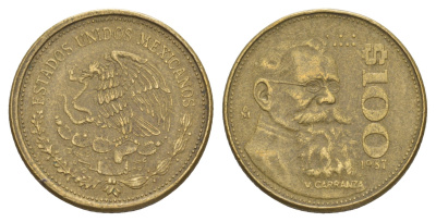 Мексика 100 песо 1988 Мо, Венустиано Карранса де ла Гарса KM 493 алюминиевая бронза 4656-1234