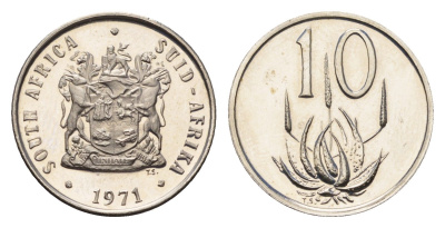 ЮАР 10 центов 1971 герб, цветок алоэ KM 85 никель PROOF 4690-1122