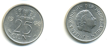 Нидерланды 25 центов 1966 Юлиана (1949-1980) KM 183 никель UNC 83-1022