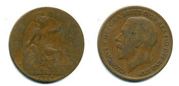 Великобритания 1 пенни 1919 Георг V (1910-1936) KM 810, Spink 4051 бронза 41-323