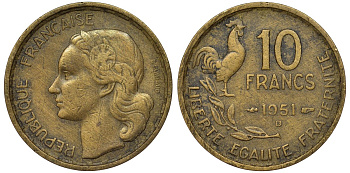 Франция 10 франков 1951 B, петух KM 915.2, Le Franc 363.5 алюминиевая бронза 4122-147