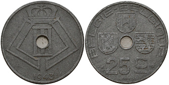 Бельгия 25 сантимов 1943 Belgie - Belgique, Леопольд III (1934-1947), германская оккупация, Вторая мировая война KM 132 цинк 4157-545