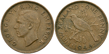 Новая Зеландия 1 пенни 1944 Георг VI (1936-1952), новозеландский туи KM 13 бронза 4165-1232