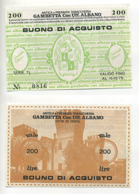 Италия купон на 200 лир ND bank acquisto, табачная лавка Гамбетто Альбано, город Ченто, действителен до 15.10 1976 бумага UNC (пресс) 7221-3-2-2