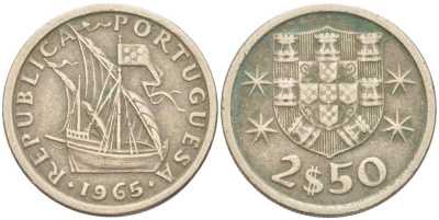 Португалия 2,5 эскудо 1965 парусник KM 590 медно-никель 4523-1046